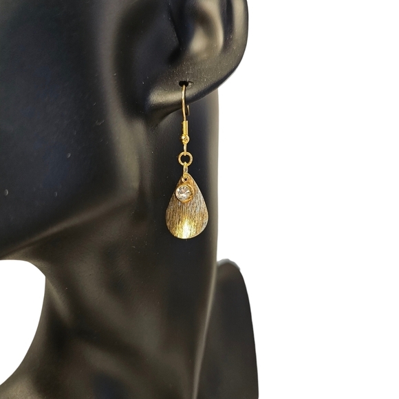 Brushed Brass Teardrop Dangle Earrings with Rhinestone Hypoallergenic Hook - Picture 3 of 7